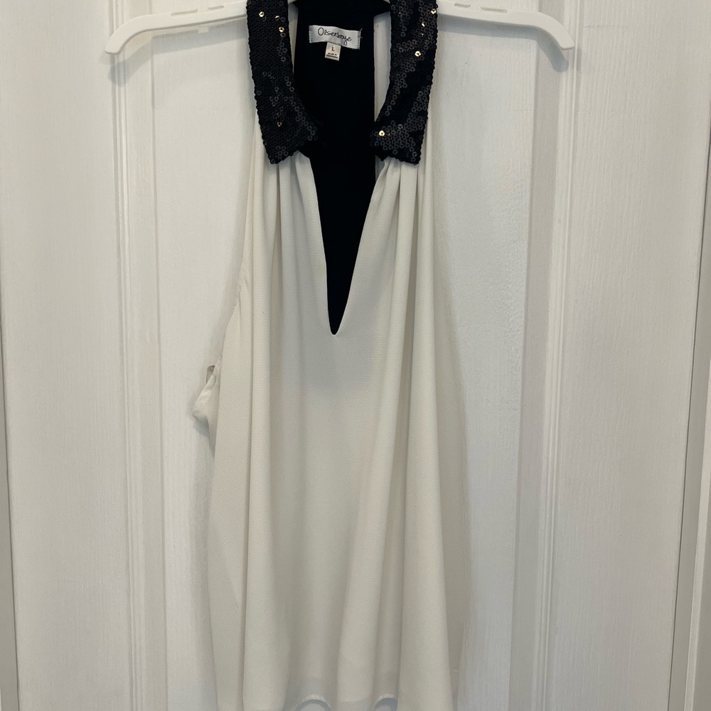 Olsenboye White Blouse with Black Sequin Collar